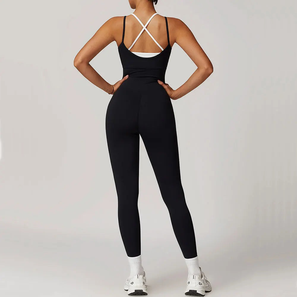 Color Blocked Jumpsuit Gym Set Women Yoga Suit Back Cross Sportswear Women Sports Jumpsuit Fitness Rompers Workout Bodysuits