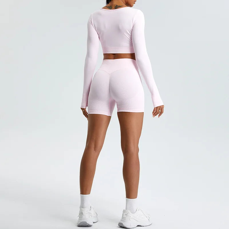 Yoga T-shirts Women Crop Top Solid Sports Top Long Sleeve Seamless Running Shirts Exposed Navel Quick Dry Fitness Gym Sport Wear