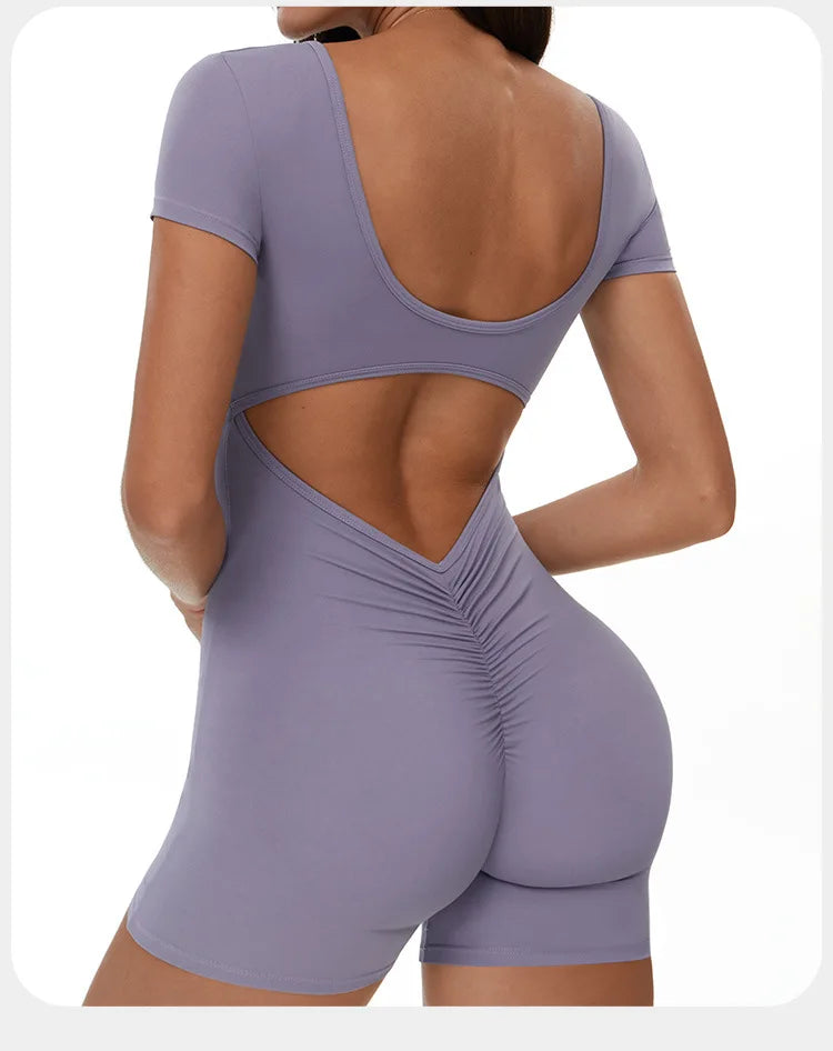 Fitness Jumpsuit Women Tracksuit Sports Short Sleeves Playsuit Running One Piece Yoga Suit Scrunch Shorts Backless Set Rompers