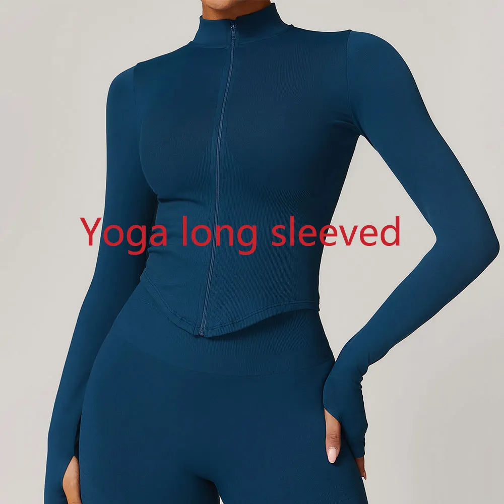 Ribbed Yoga Tops Women's Yoga Long Sleeved Standing Collar Sports Jacket Running Training Fitness Top Gym Workout Running Shirt