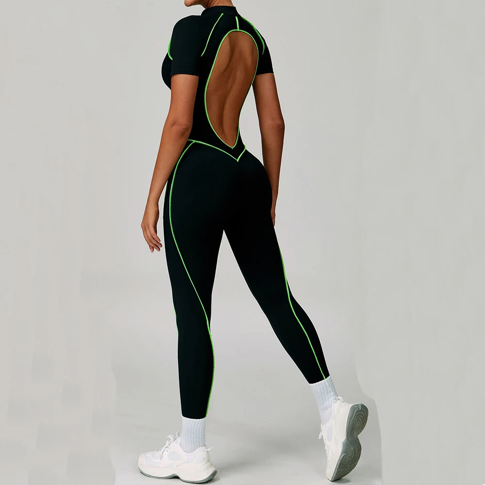 Gym Set Women Training Yoga Suit Sportswear Women Short Sleeves Sports Jumpsuit Fitness Rompers Zipper Push Up Workout Bodysuits