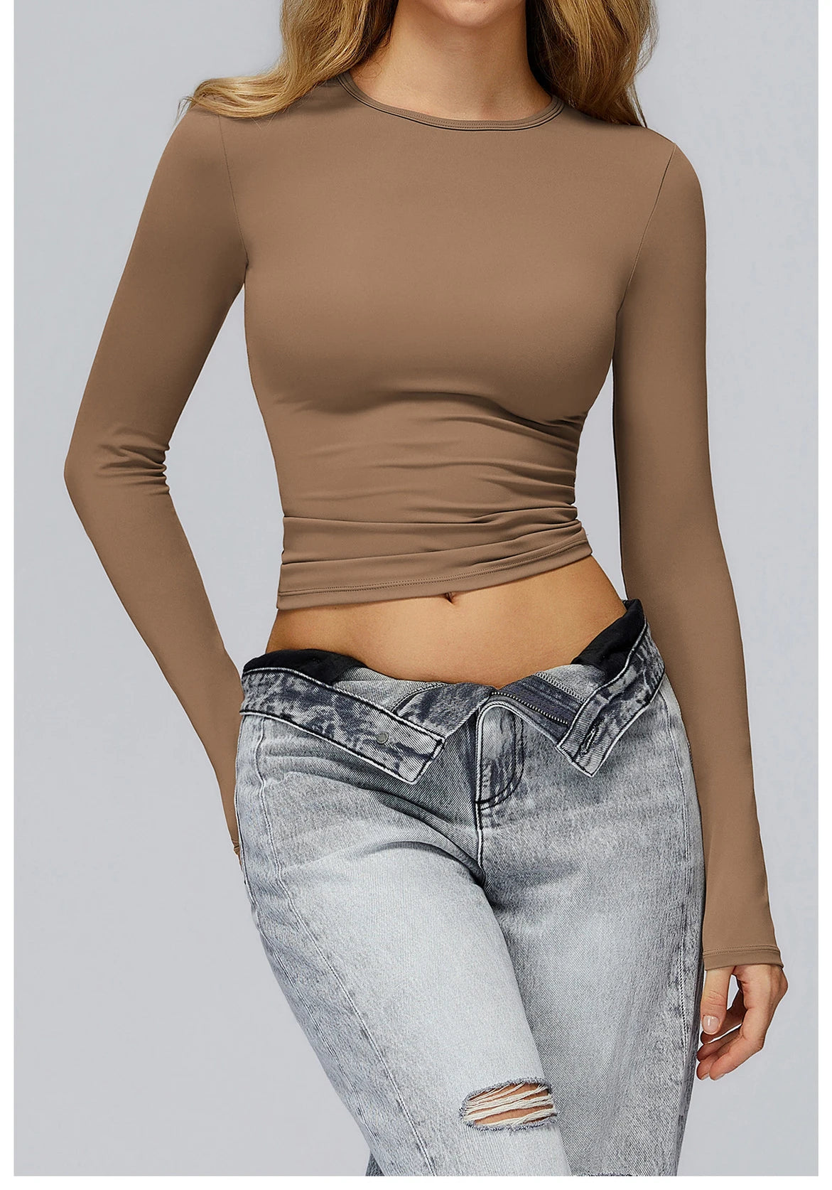 Yoga T-shirts Solid Sports Top Women Long Sleeve Gym Workout Running Shirts Sexy Exposed Navel Quick Dry Fitness Gym Sport Wear