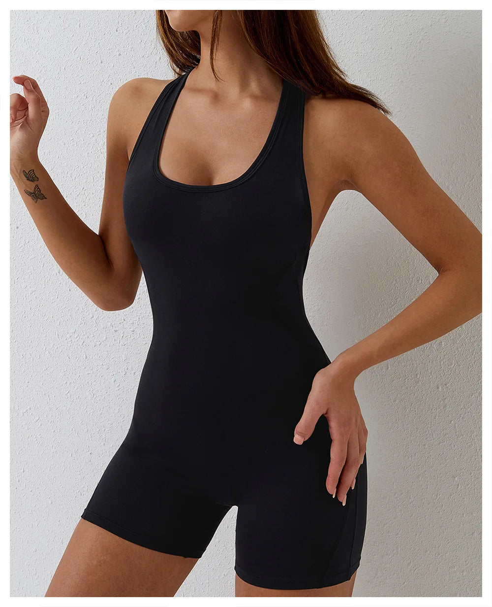 Open Back Jumpsuit for Women Workout Gym Romper Padded Yoga Set V Neck Gym Suit Backless Bodysuit Fitness Padded Gym Clothing