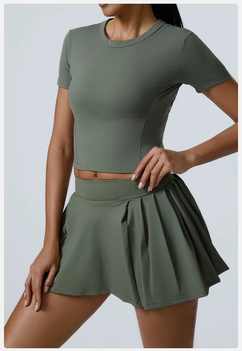 Yoga Set Workout Sets for Women Sportswear 2PCS Gym Suits Crop Short Sleeves High Waist Shorts Outfits Fitness Running Tracksuit