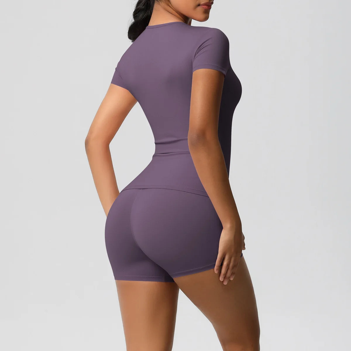 UREN 2PCS Gym Set Summer Short Sleeve Breathable Stretchy GYM Yoga Slim Fitness Active Top Women's Quick-Drying Cycling Short