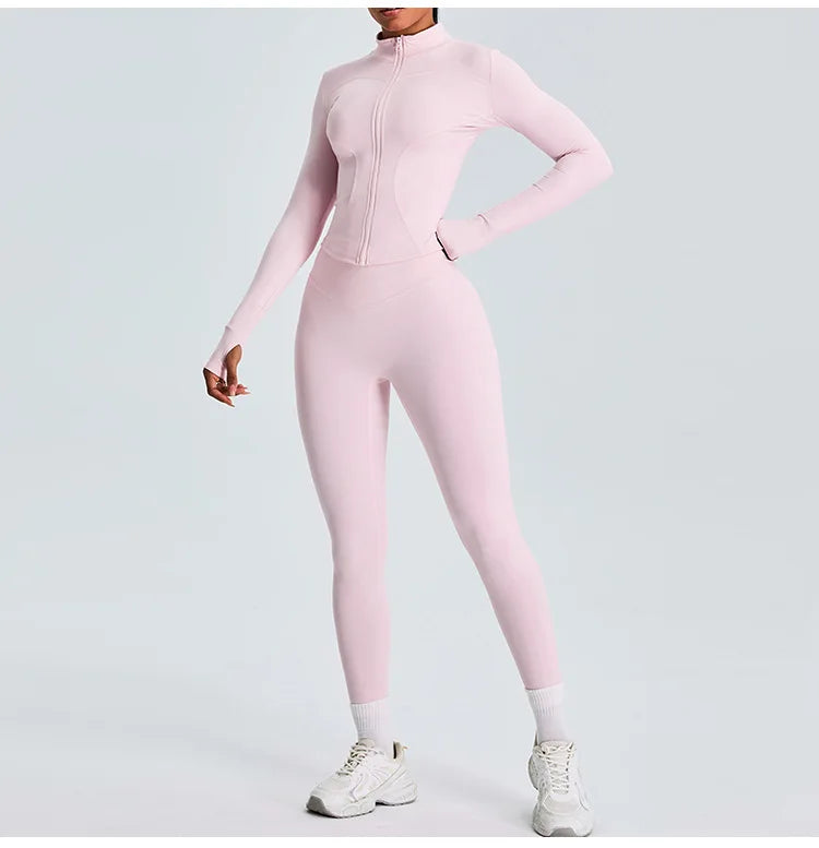 Women 2PCS Yoga Set Workout Clothes Long Sleeve Jacket Gym Crop Top High Waist Leggings Fitness Sports Wear Sport Suit Gymwear