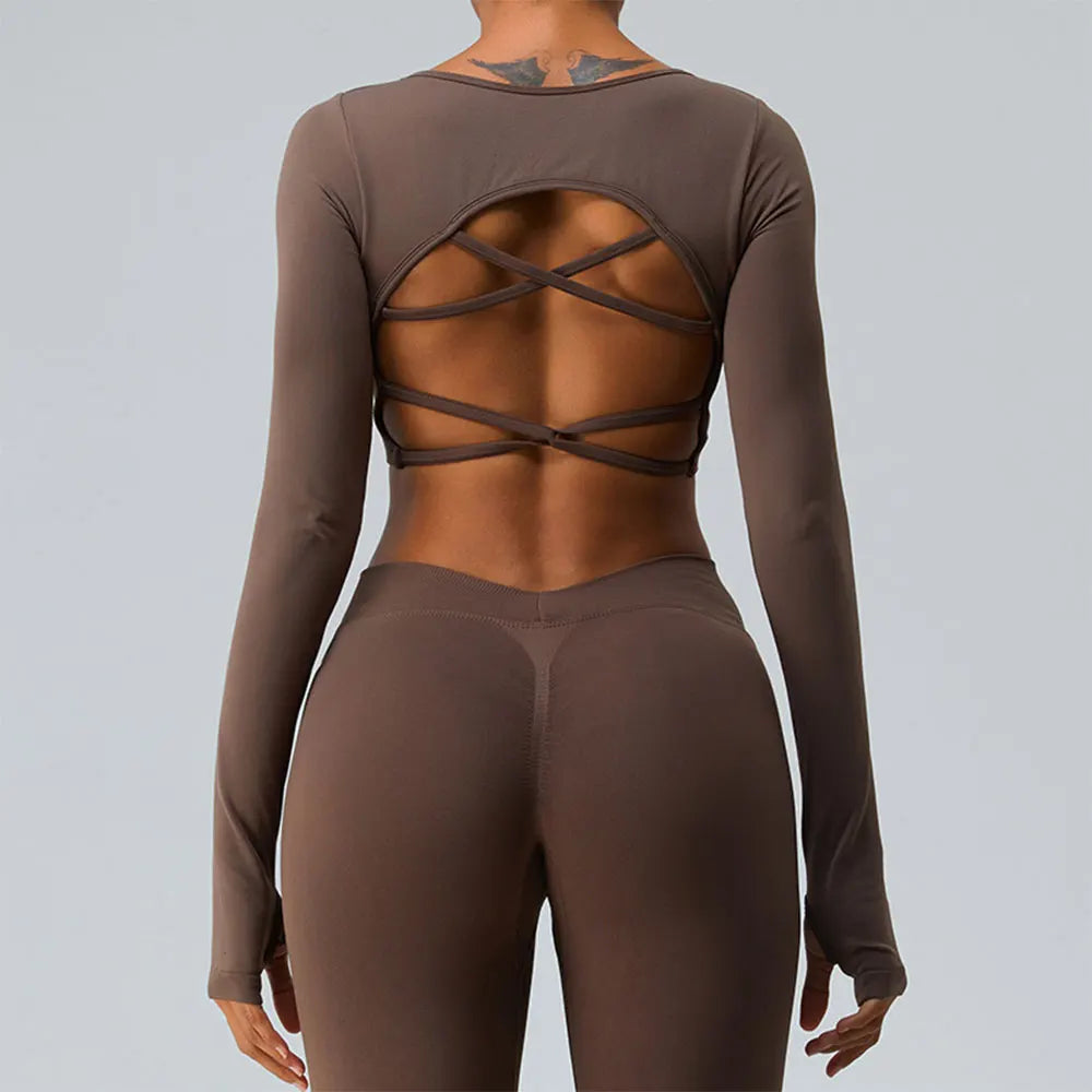 Sexy Women's Backless Shirt Seamless Crop Top Fitness Shirts Long Sleeve Gym Workout Sports Top Woman Front Yoga Tops Activewear
