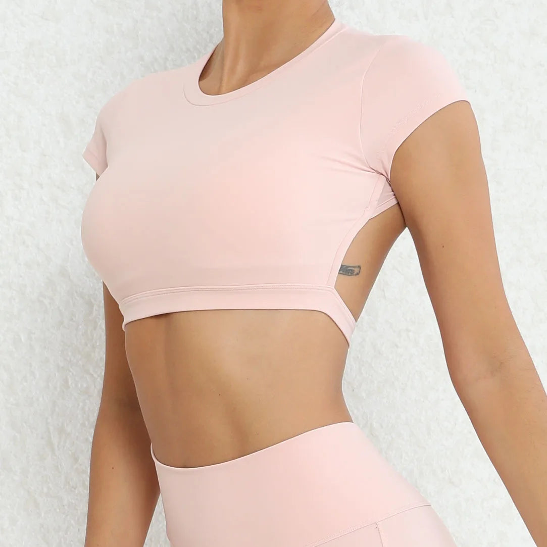 Hollow Beauty Back Crop Top Short Sleeve Yoga Shirt Women Fitness Workout Tops Gym Clothes Push Up Sportswear Running T-shirts