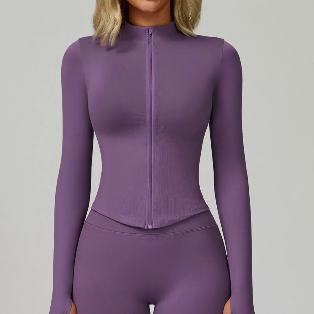Ribbed Yoga Tops Women's Yoga Long Sleeved Standing Collar Sports Jacket Running Training Fitness Top Gym Workout Running Shirt