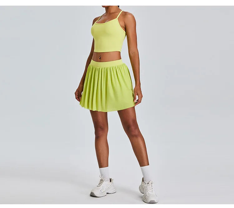 2 Piece Sportswear Leisure Sports Short Skirt Yoga Set Women's Belt Lined Mesh Pleated Tennis Skirt Running Push Up Fitness Suit