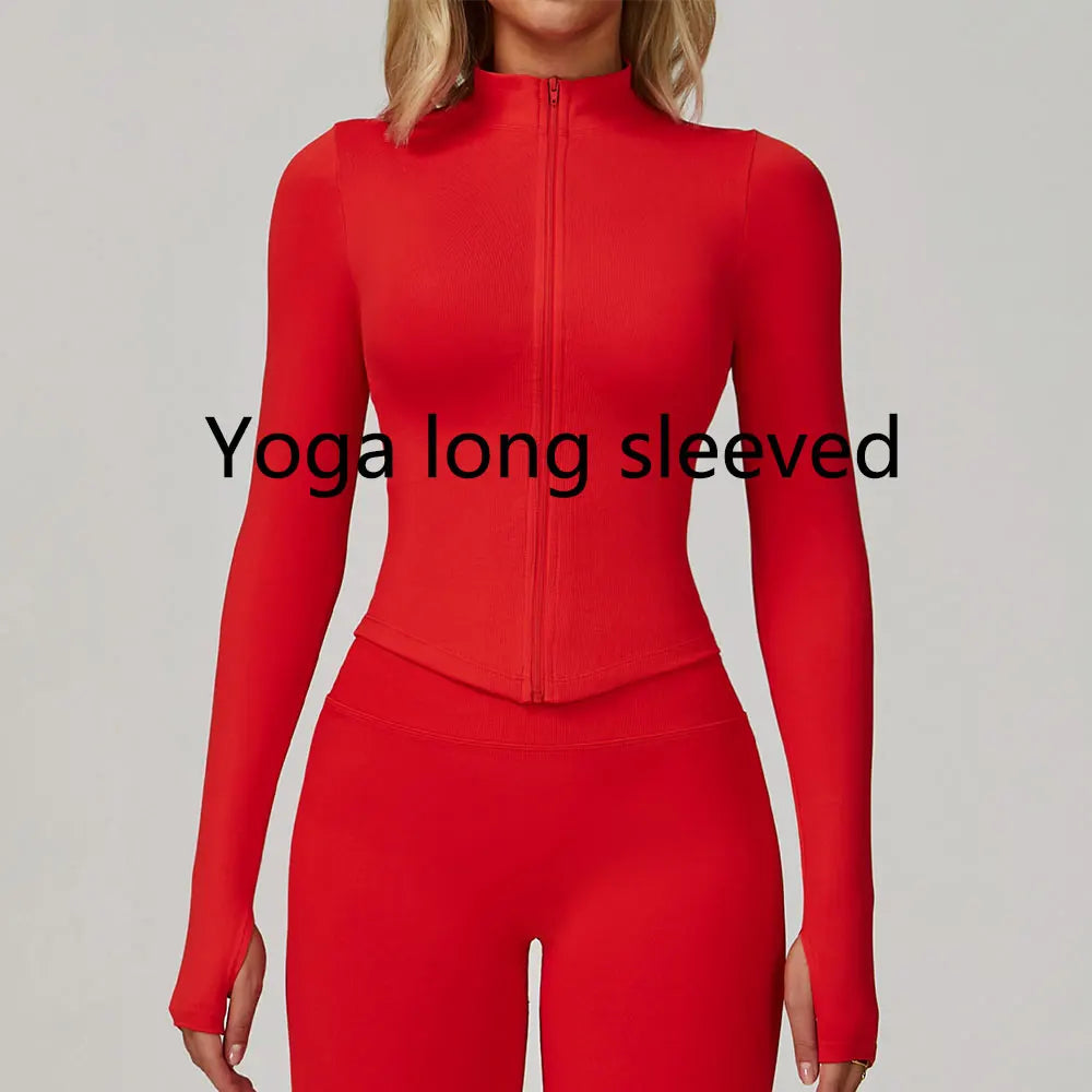 Ribbed Yoga Tops Women's Yoga Long Sleeved Standing Collar Sports Jacket Running Training Fitness Top Gym Workout Running Shirt
