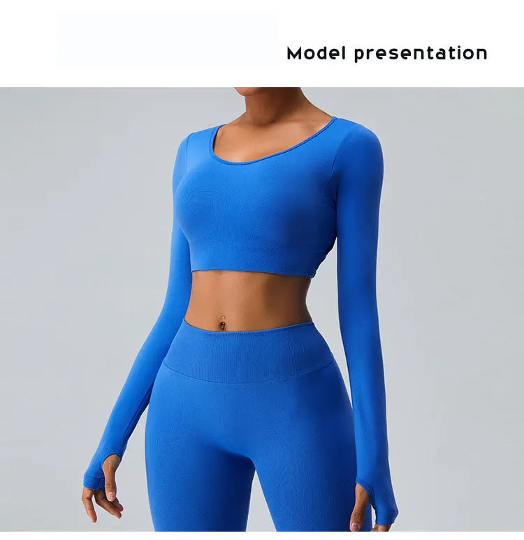 Sexy Women's Backless Shirt Seamless Crop Top Fitness Shirts Long Sleeve Gym Workout Sports Top Woman Front Yoga Tops Activewear