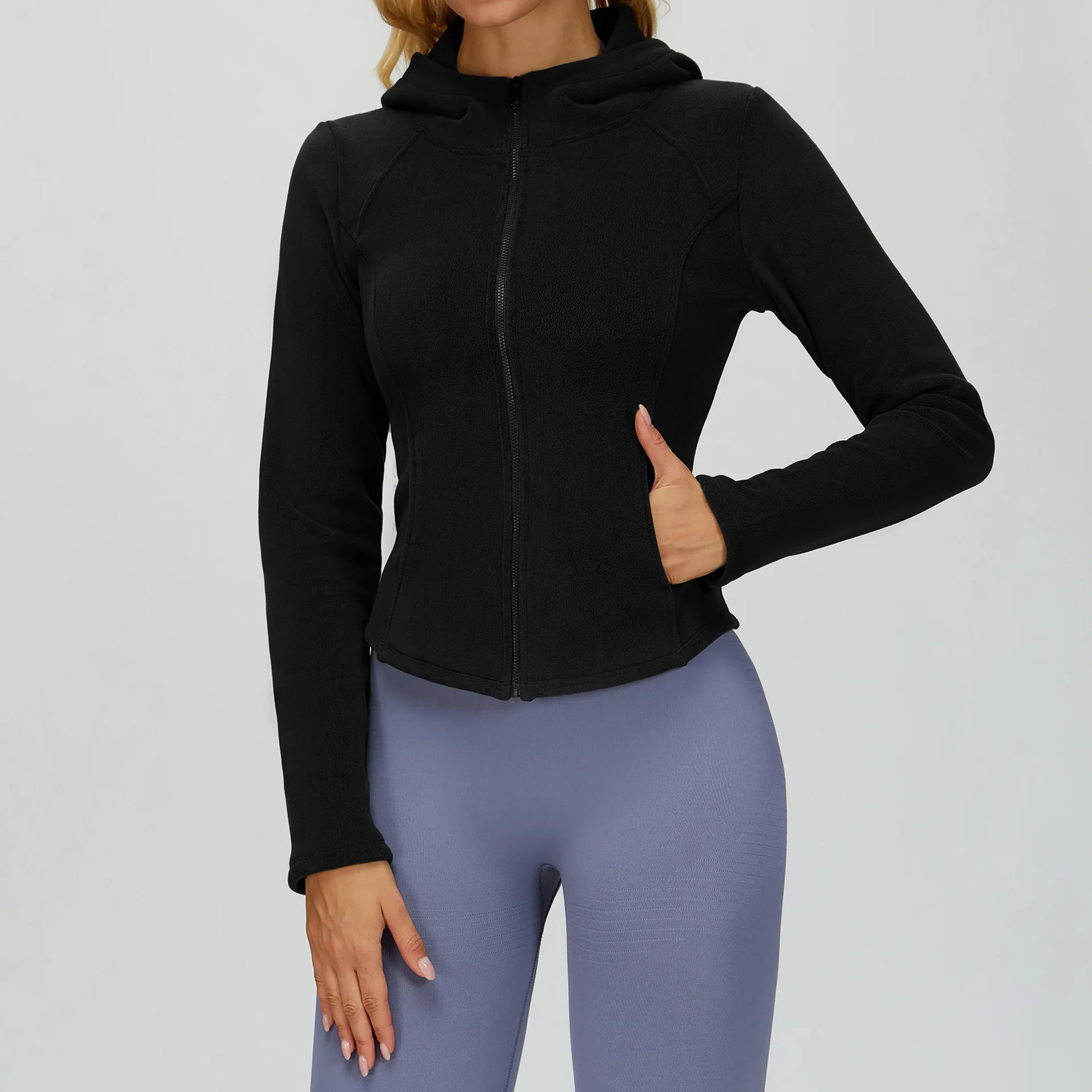 Winter Hooded Jacket for Women Yoga Long Sleeved With Plush Slim Fit Pocket Zipper Jacket Outdoor Casual Sports Warm Jacket
