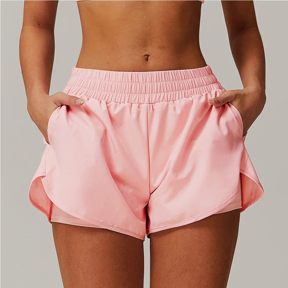 Yoga Shorts Women Fitness Shorts Running Cycling Shorts Breathable Sports High Waist Workout Gym Shorts Pocket Fake Two Pieces