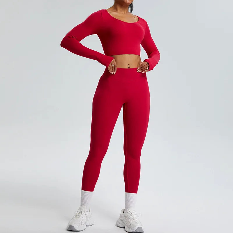 Yoga T-shirts Women Crop Top Solid Sports Top Long Sleeve Seamless Running Shirts Exposed Navel Quick Dry Fitness Gym Sport Wear