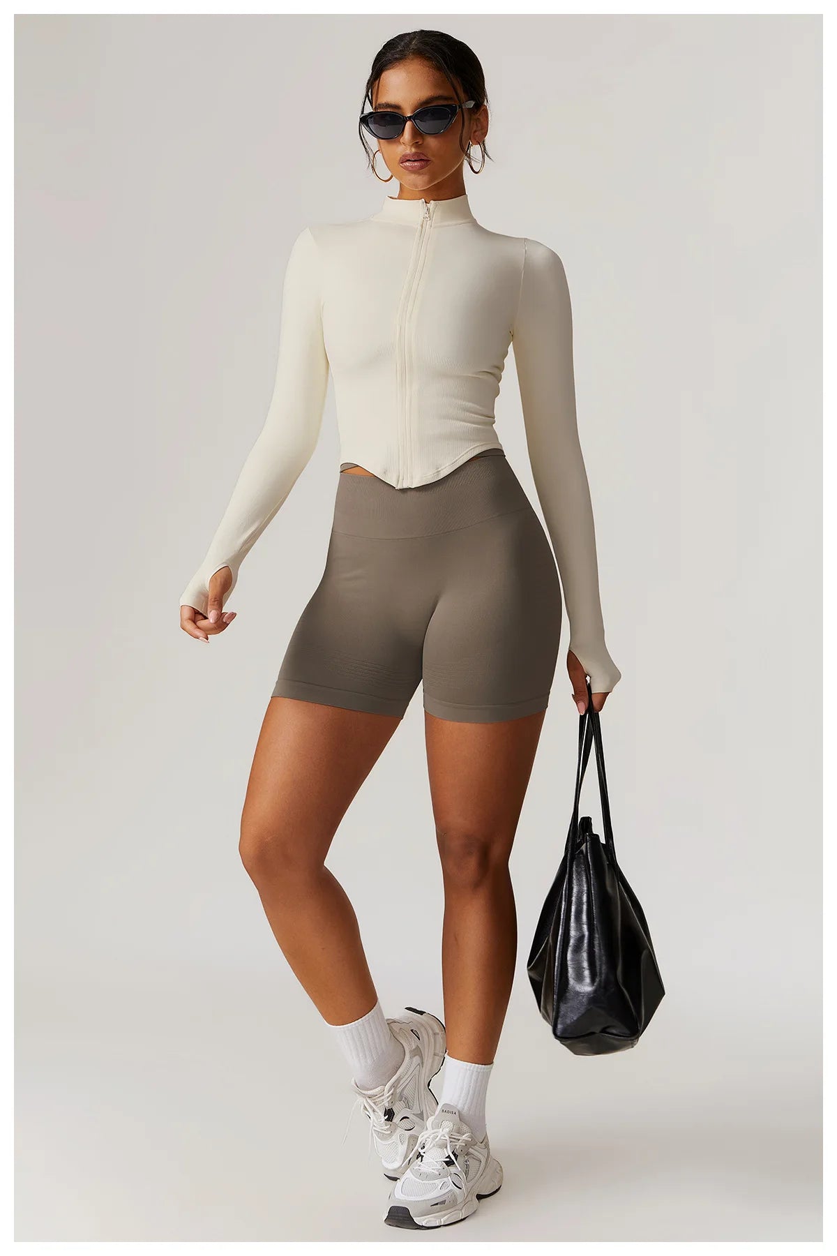 Ribbed Yoga Tops Women's Standing Collar Yoga Long Sleeved Sports Jacket Running Training Fitness Top Gym Workout Running Shirt