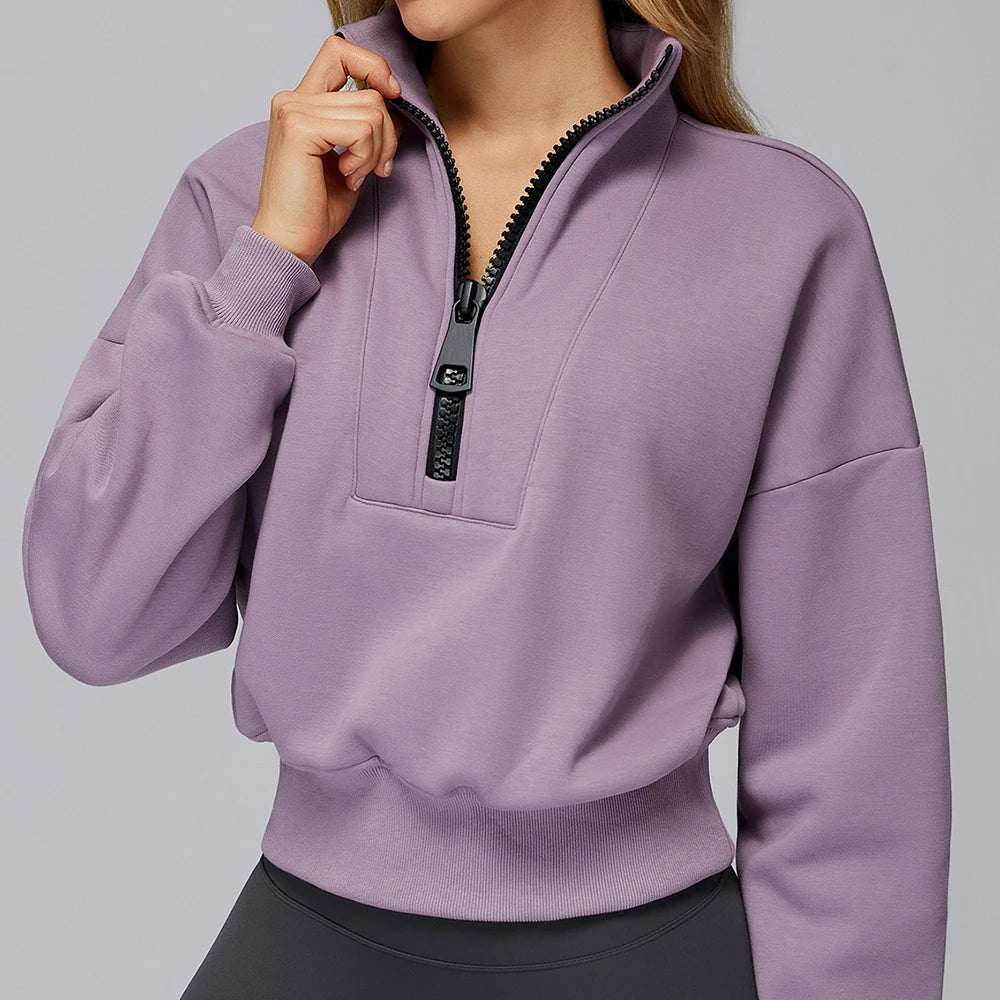 Winter Sports Hoodie Yoga Long Sleeved Women's Stand Collar Loose Windproof Hoodie Warm Long Sleeved Casual Outdoor Sports Top