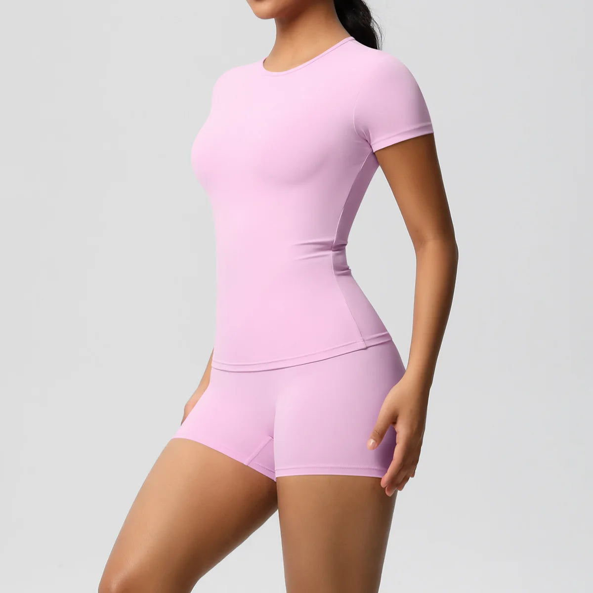UREN 2PCS Gym Set Summer Short Sleeve Breathable Stretchy GYM Yoga Slim Fitness Active Top Women's Quick-Drying Cycling Short
