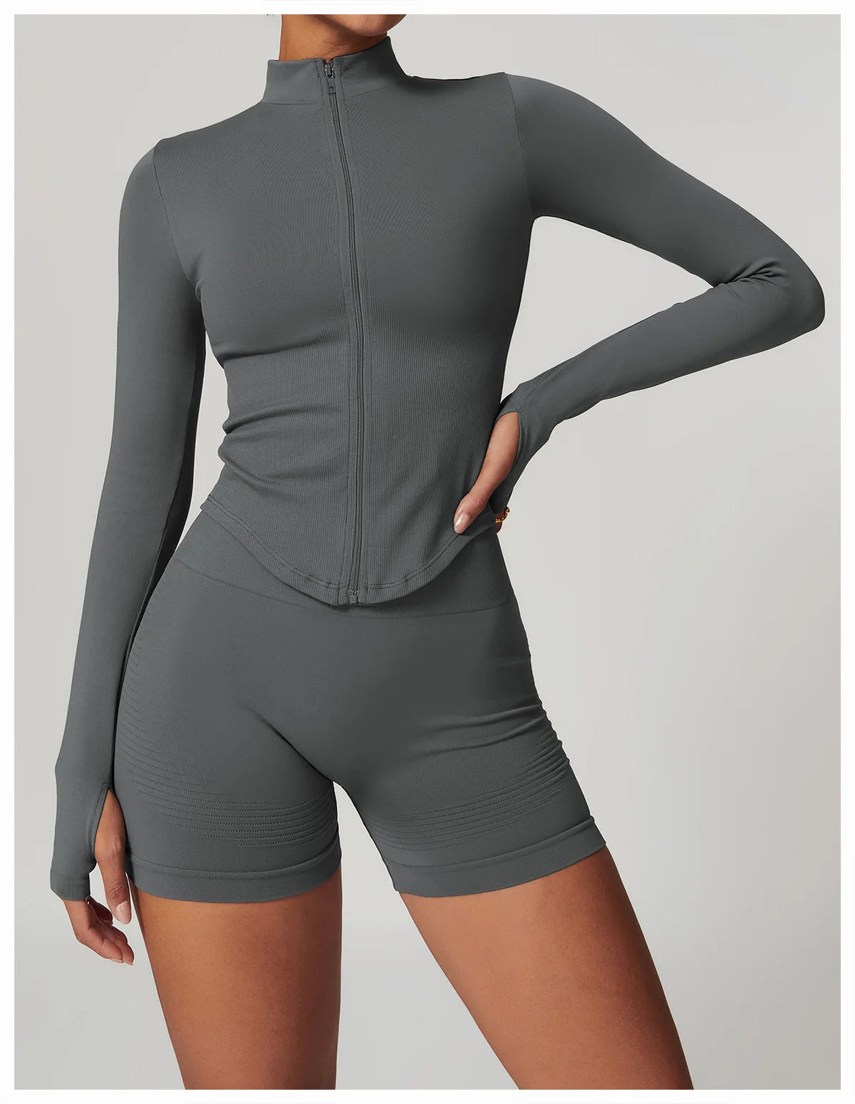 Ribbed Yoga Tops Women's Yoga Long Sleeved Standing Collar Sports Jacket Running Training Fitness Top Gym Workout Running Shirt