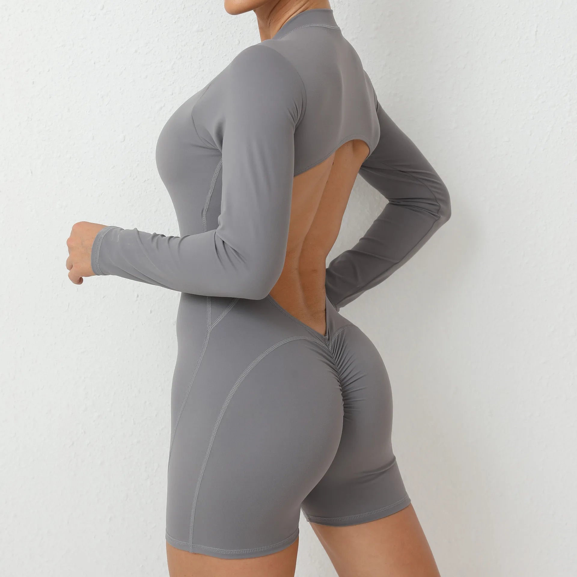 Sexy Back V Jumpsuit Women Tracksuit Yoga Set Sports Zipper Rompers Gym Long Sleeve Fitness Suit Gym Workout Bodysuit