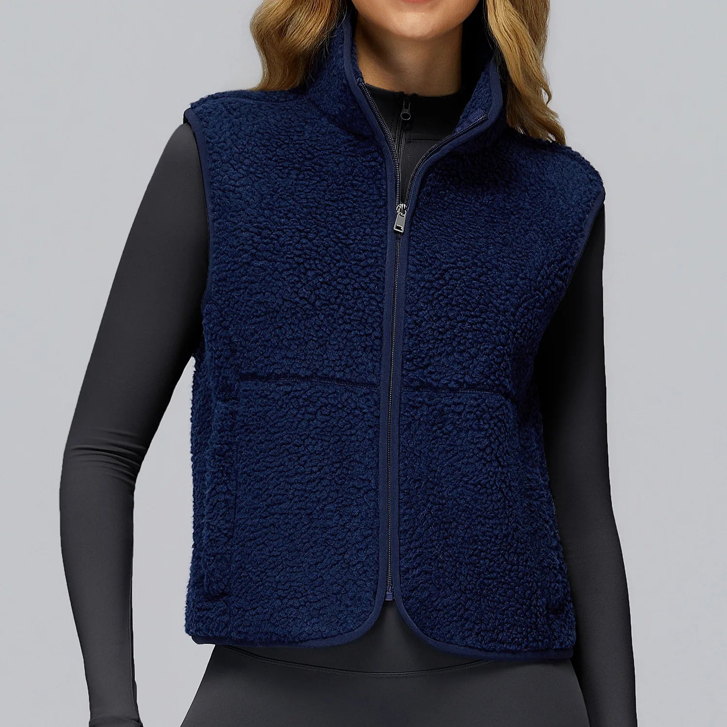 Winter Women's Standing Collar and Velvet Sports Vest Sleeveless Zipper Outerwear Vest Outdoor Running and Fitness Top