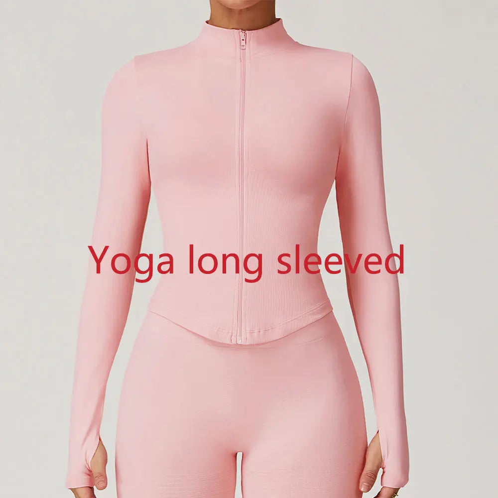 Ribbed Yoga Tops Women's Yoga Long Sleeved Standing Collar Sports Jacket Running Training Fitness Top Gym Workout Running Shirt