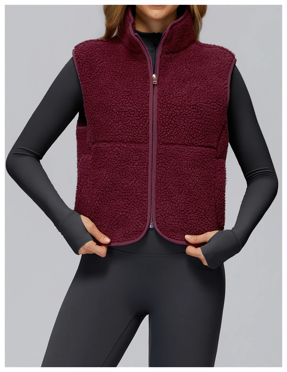 Winter Women's Standing Collar and Velvet Sports Vest Sleeveless Zipper Outerwear Vest Outdoor Running and Fitness Top