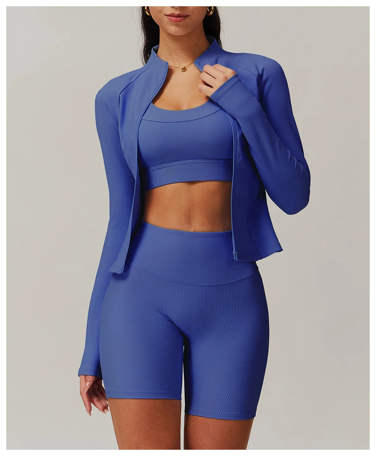 Ribbed Sports Long Sleeved Women Slim Yoga Clothes Quick Dry Zipper Cardigan Stand Up Collar Jacket Running Fitness Jacket Top