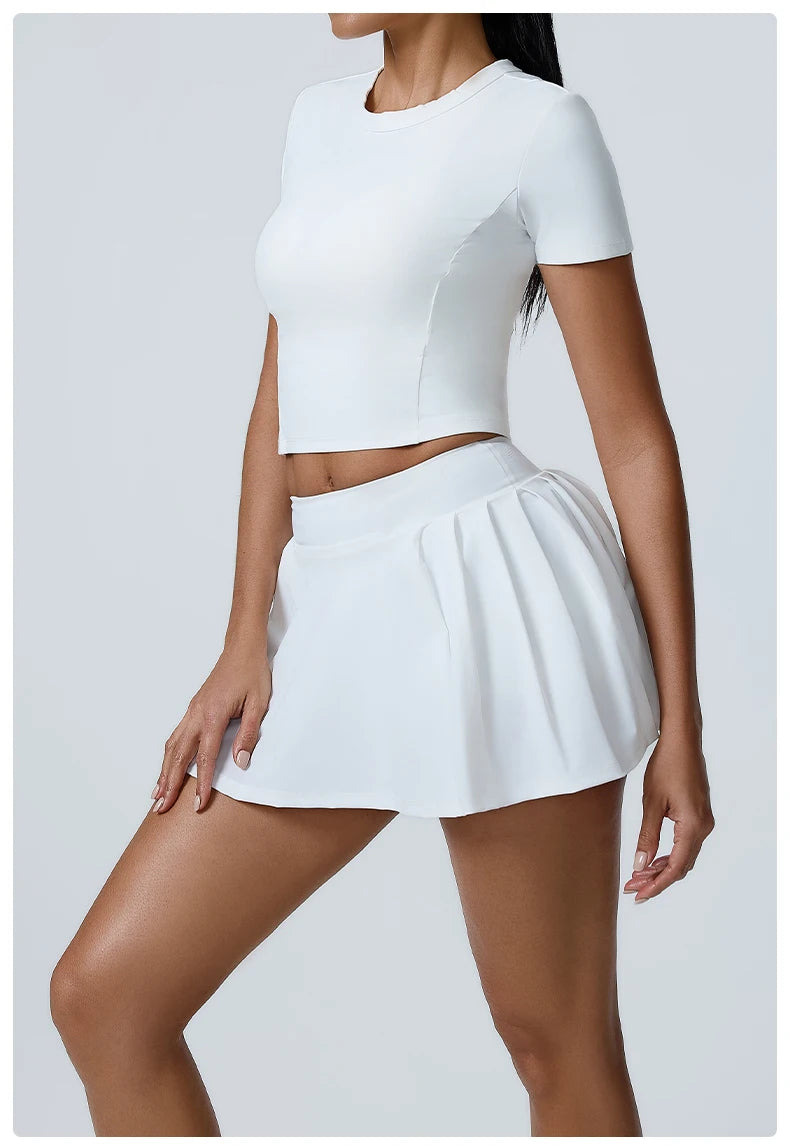 Yoga Set Workout Sets for Women Sportswear 2PCS Gym Suits Crop Short Sleeves High Waist Shorts Outfits Fitness Running Tracksuit