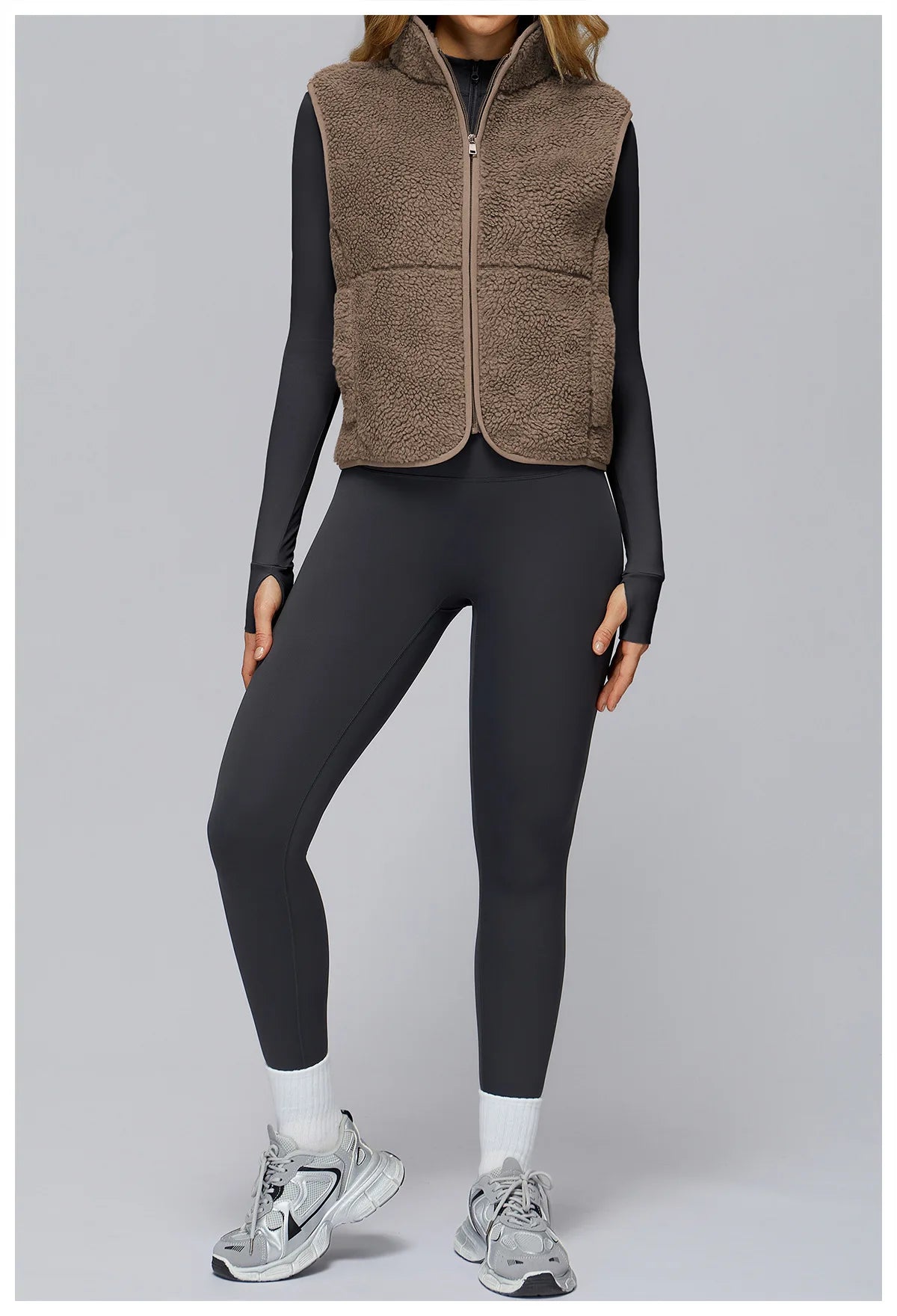 Winter Women's Standing Collar and Velvet Sports Vest Sleeveless Zipper Outerwear Vest Outdoor Running and Fitness Top