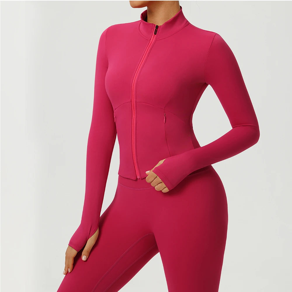 Women Outdoor Sports Long Sleeved Slim Yoga Clothes Quick Dry Zipper Cardigan Stand Up Collar Jacket Running Fitness Jacket Top