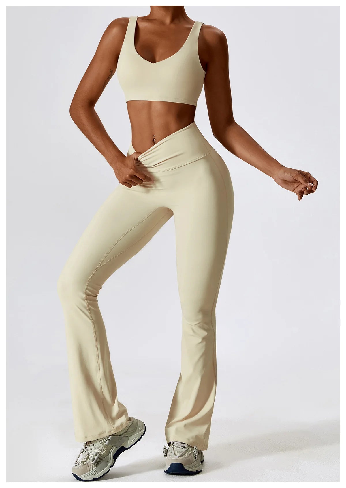 Women Tracksuit Gym Yoga Suit 2PCS Tight Fitting Sports Set Workout Breathable T Shirts Bra Tank Top Loose Bell-bottoms Leggings
