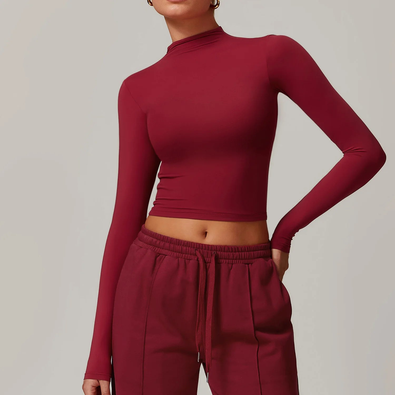 Women Crop Tops High Neck Yoga T-shirts Solid Sports Top Long Sleeve Running Shirts Exposed Navel Quick Dry Fitness Gym Sport