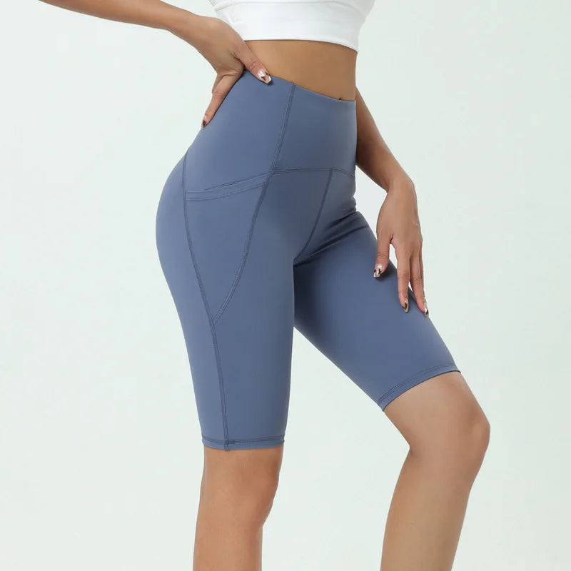 Comfortable Skin Friendly Summer High Waist Yoga Shorts Gym Hip Lift Pants Pocket Breathable Running Cycling Sports Shorts Women