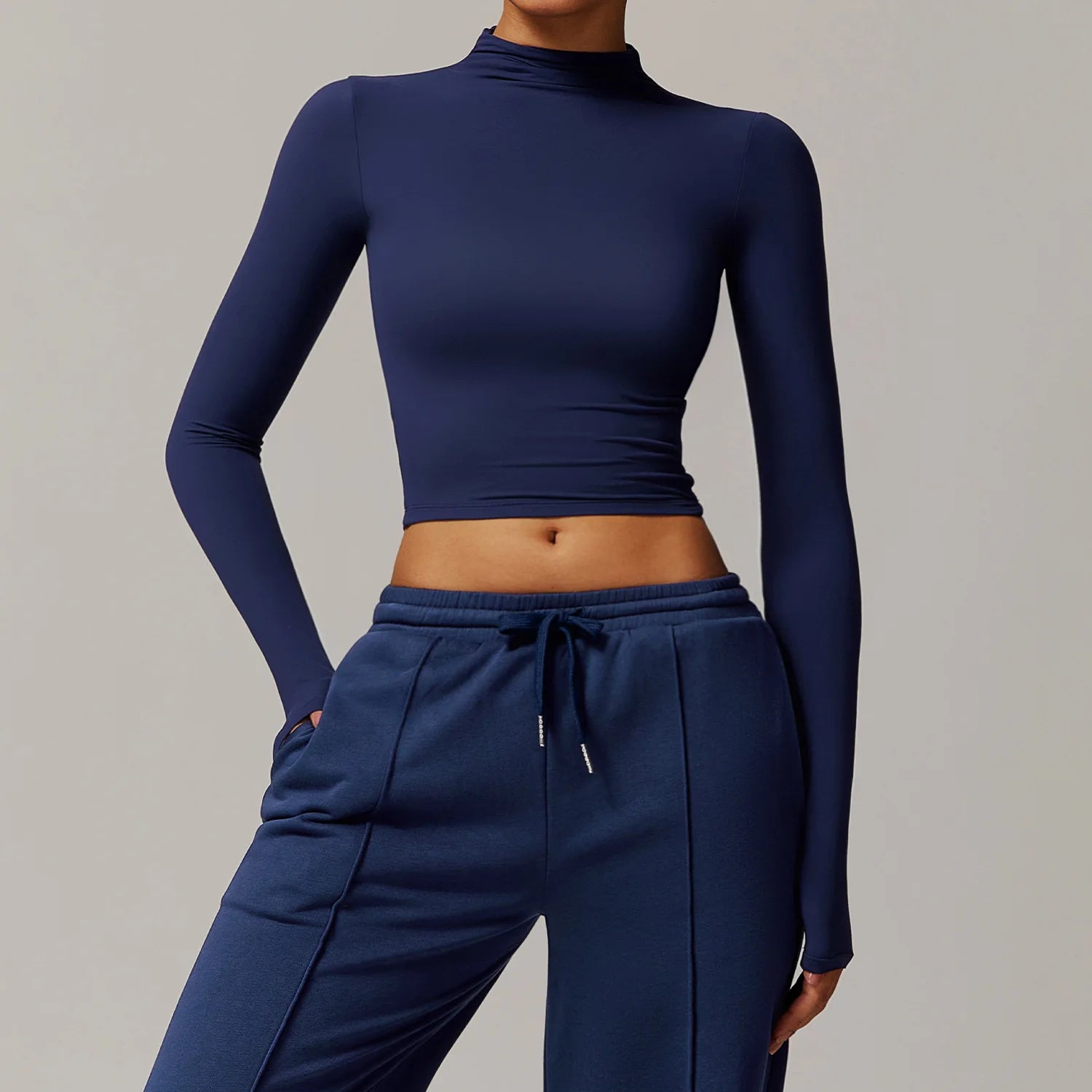 Women Crop Tops High Neck Yoga T-shirts Solid Sports Top Long Sleeve Running Shirts Exposed Navel Quick Dry Fitness Gym Sport