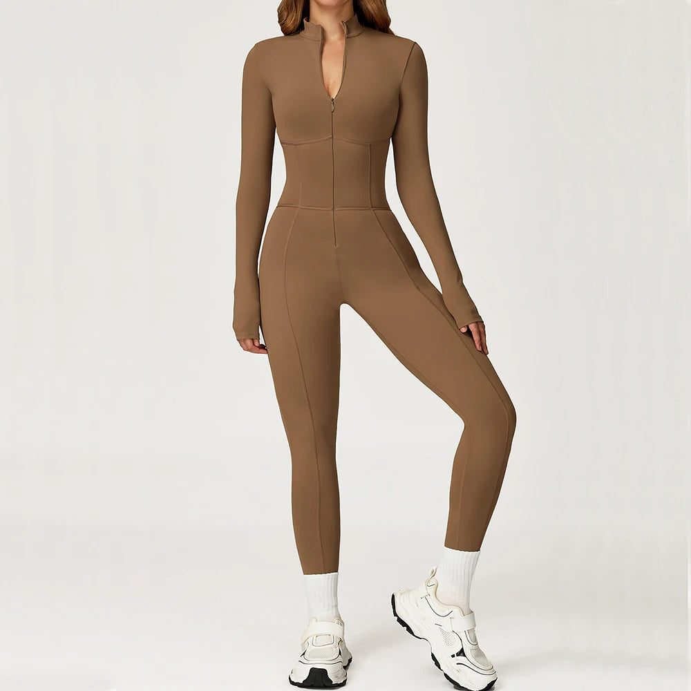 Yoga Overalls Long Sleeved Women's Sportswear Gym Boilersuit Zipper Jumpsuits Workout High-intensity Fitness Skin-tight Garment