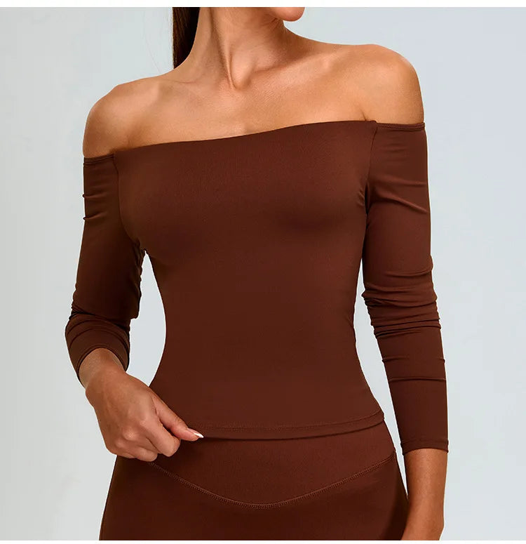 Sexy Off Shoulder Long Sleeved Tops Women's Yoga Long Sleeved Sports T-shirt Top Workout Running Tight Fitting Fitness Clothes