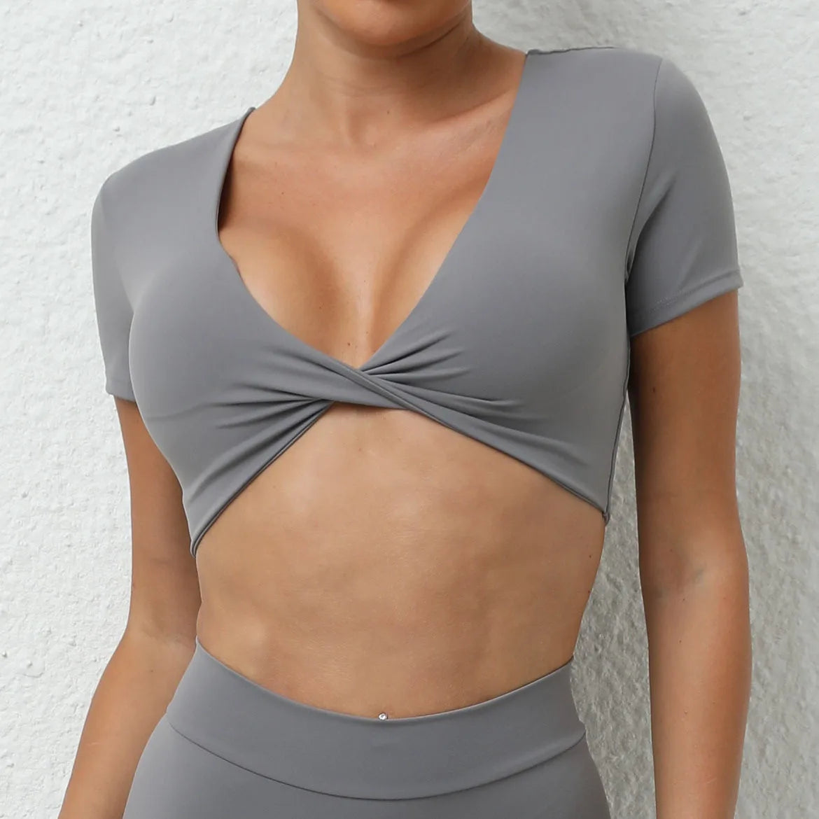 Sexy V Neck Crop Top Women Short Sleeve Yoga Shirt Naked Feeling Fitness Workout Tops Gym Clothes Sportswear Running T-shirts