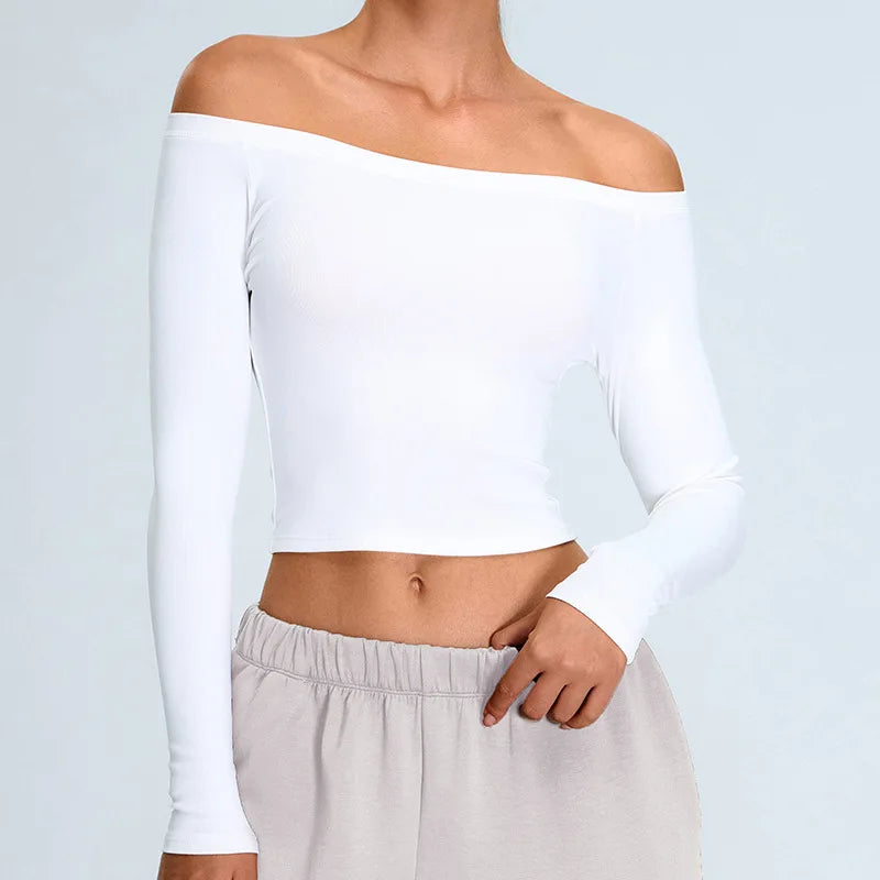 Off Shoulder Long Sleeve Yoga T-shirts Women Solid Sports Top Gym Workout Running Shirts Sexy Quick Dry Fitness Gym Sport Wear