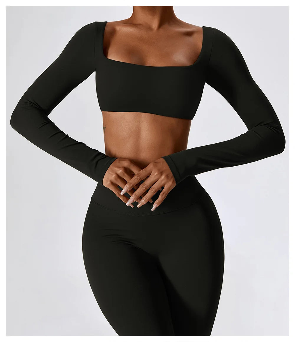 Women Yoga T-shirts Crop Tops Solid Sports Top Long Sleeve Running Shirts Sexy Exposed Navel Quick Dry Fitness Gym Sport Wear