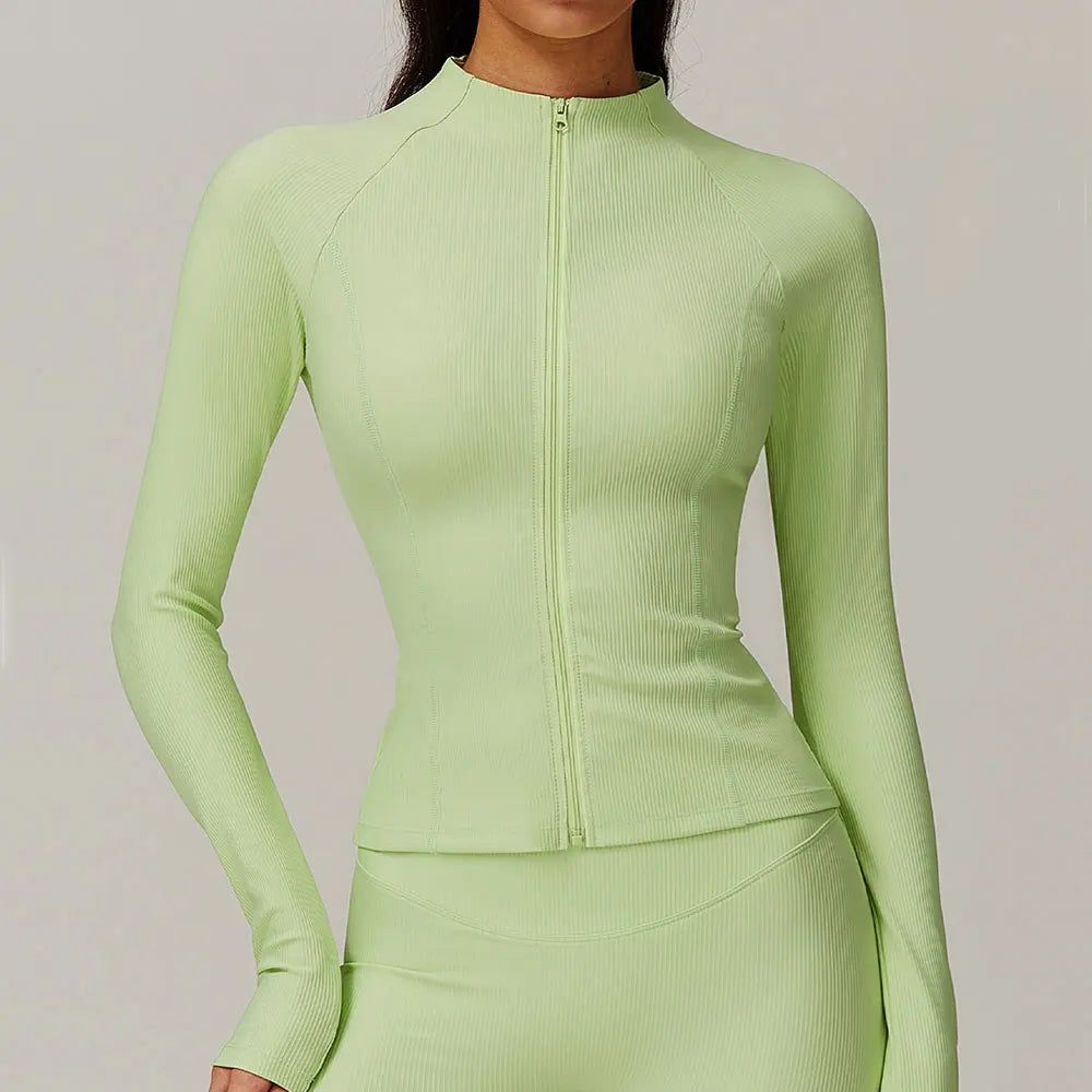 Ribbed Sports Long Sleeved Women Slim Yoga Clothes Quick Dry Zipper Cardigan Stand Up Collar Jacket Running Fitness Jacket Top