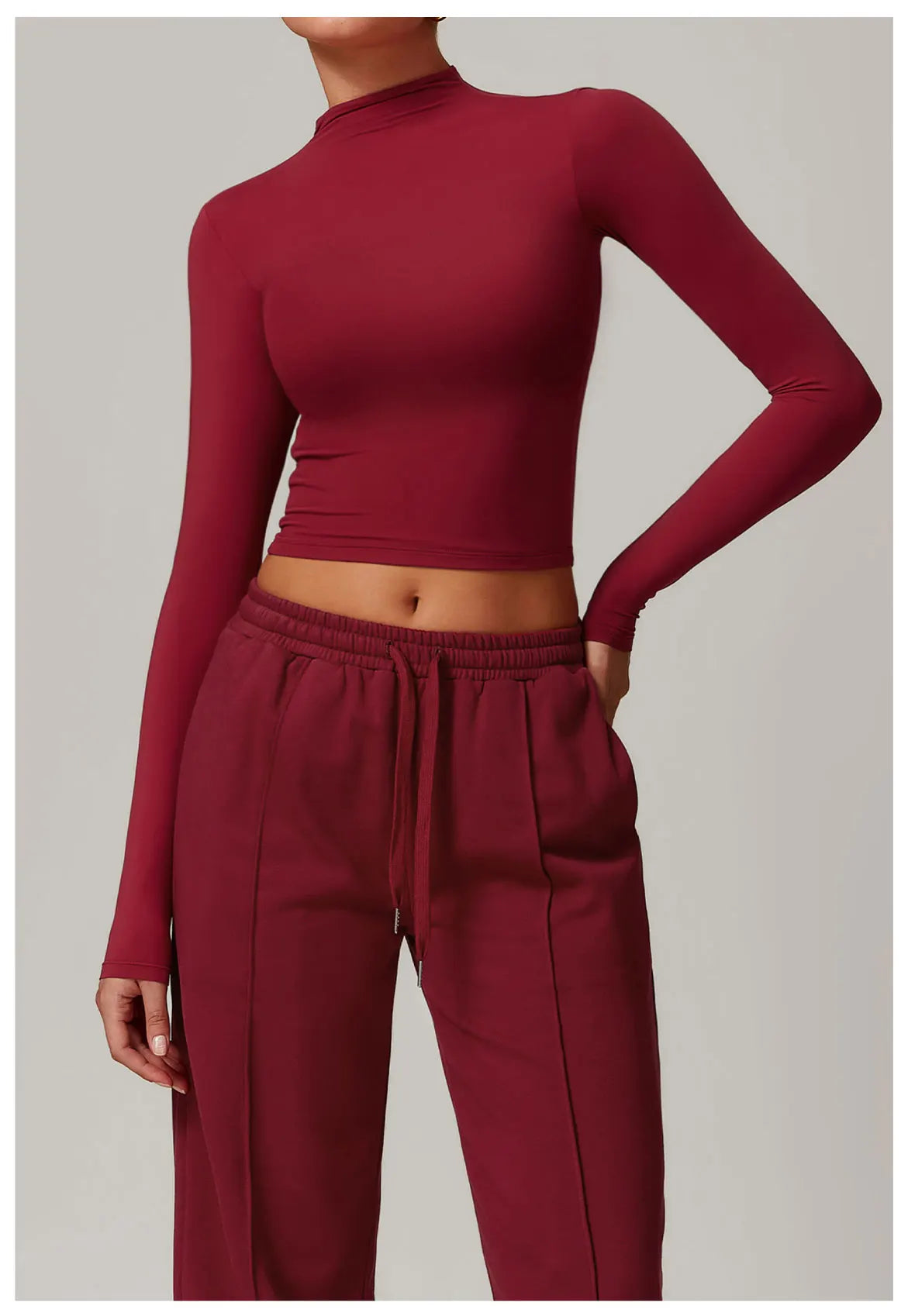 Women Crop Tops High Neck Yoga T-shirts Solid Sports Top Long Sleeve Running Shirts Exposed Navel Quick Dry Fitness Gym Sport