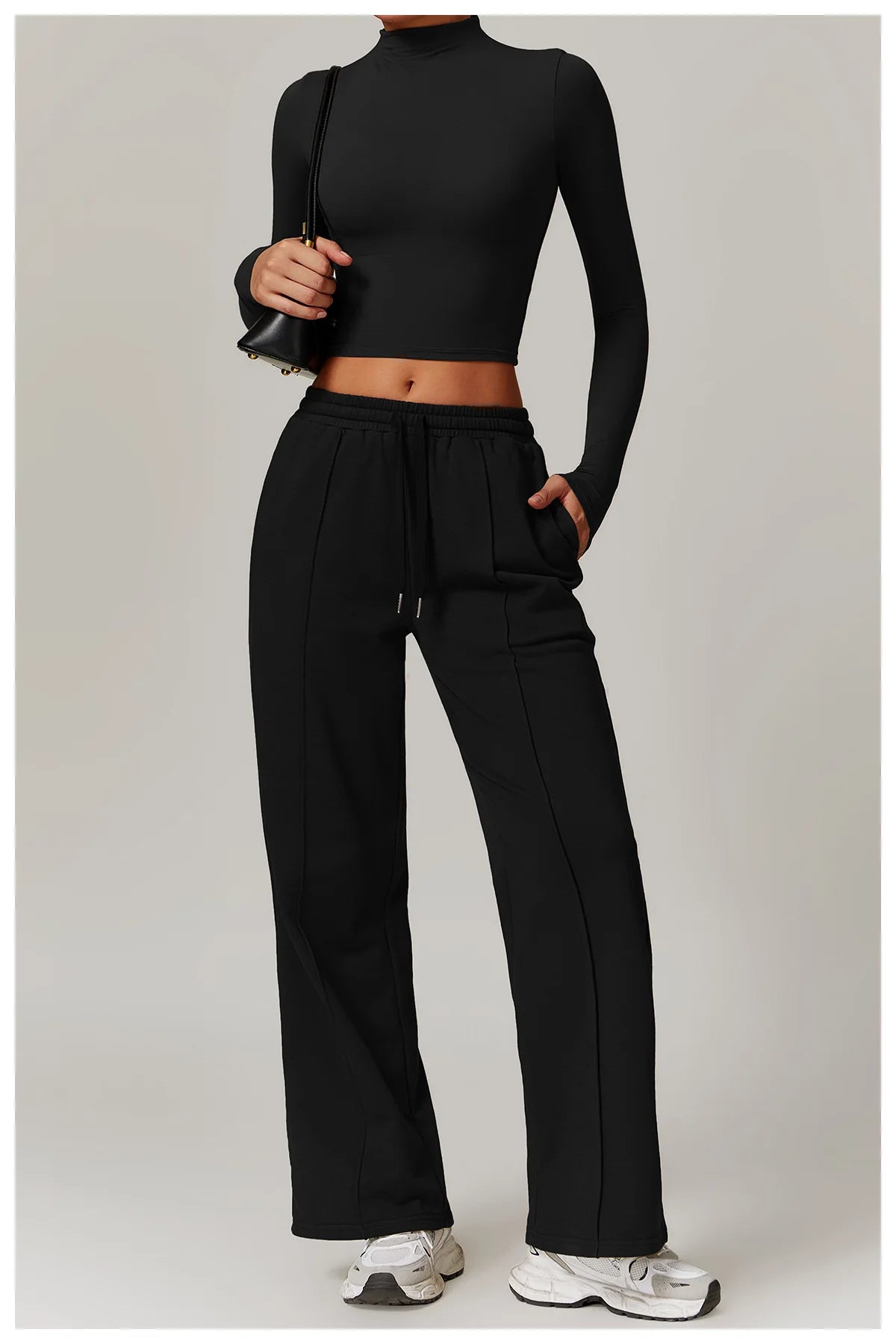 Women Crop Tops High Neck Yoga T-shirts Solid Sports Top Long Sleeve Running Shirts Exposed Navel Quick Dry Fitness Gym Sport