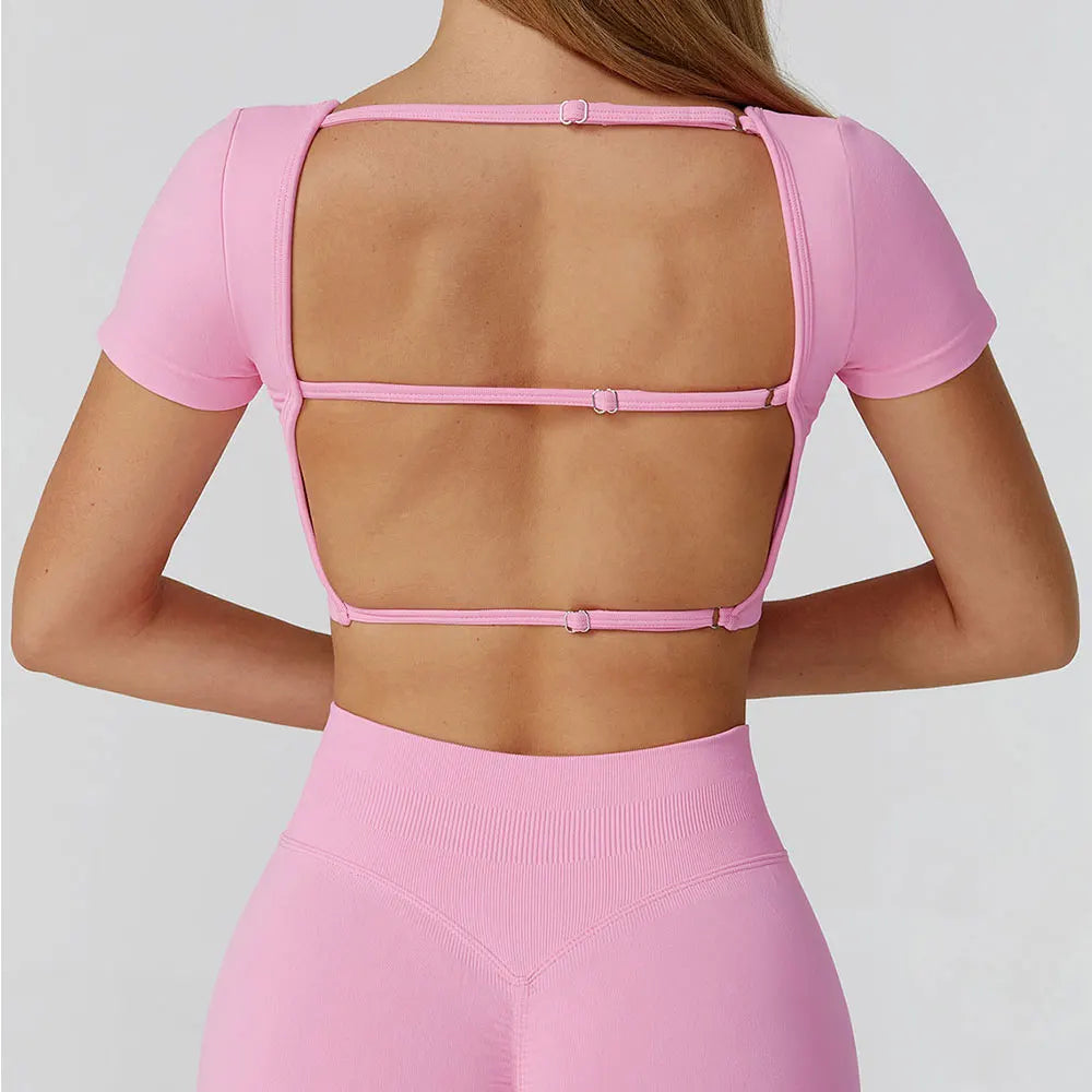 Seamless Women Yoga Top Backless Sport T Shirts Fitness Clothes Short Sleeve Yoga Shirt Gym Top Running Active Wear Sport Top