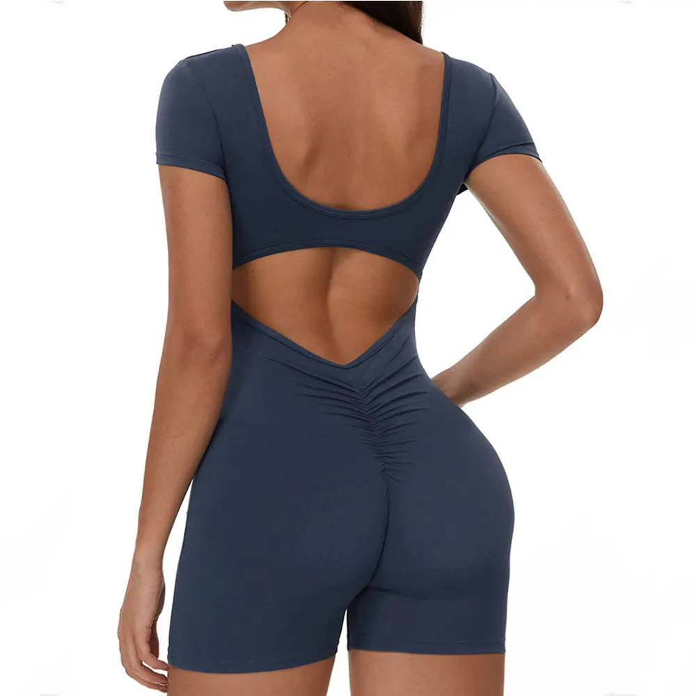 Fitness Jumpsuit Women Tracksuit Sports Short Sleeves Playsuit Running One Piece Yoga Suit Scrunch Shorts Backless Set Rompers