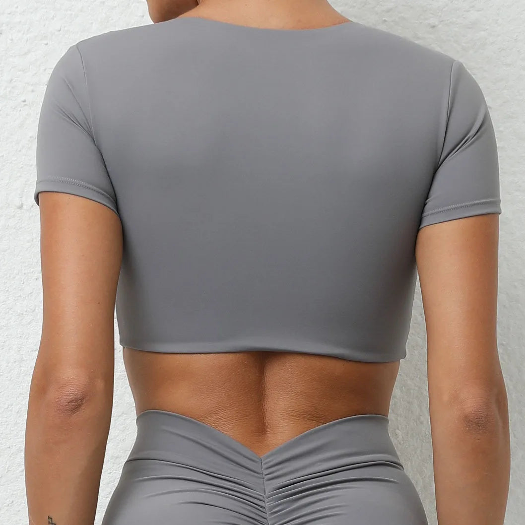 Sexy V Neck Crop Top Women Short Sleeve Yoga Shirt Naked Feeling Fitness Workout Tops Gym Clothes Sportswear Running T-shirts