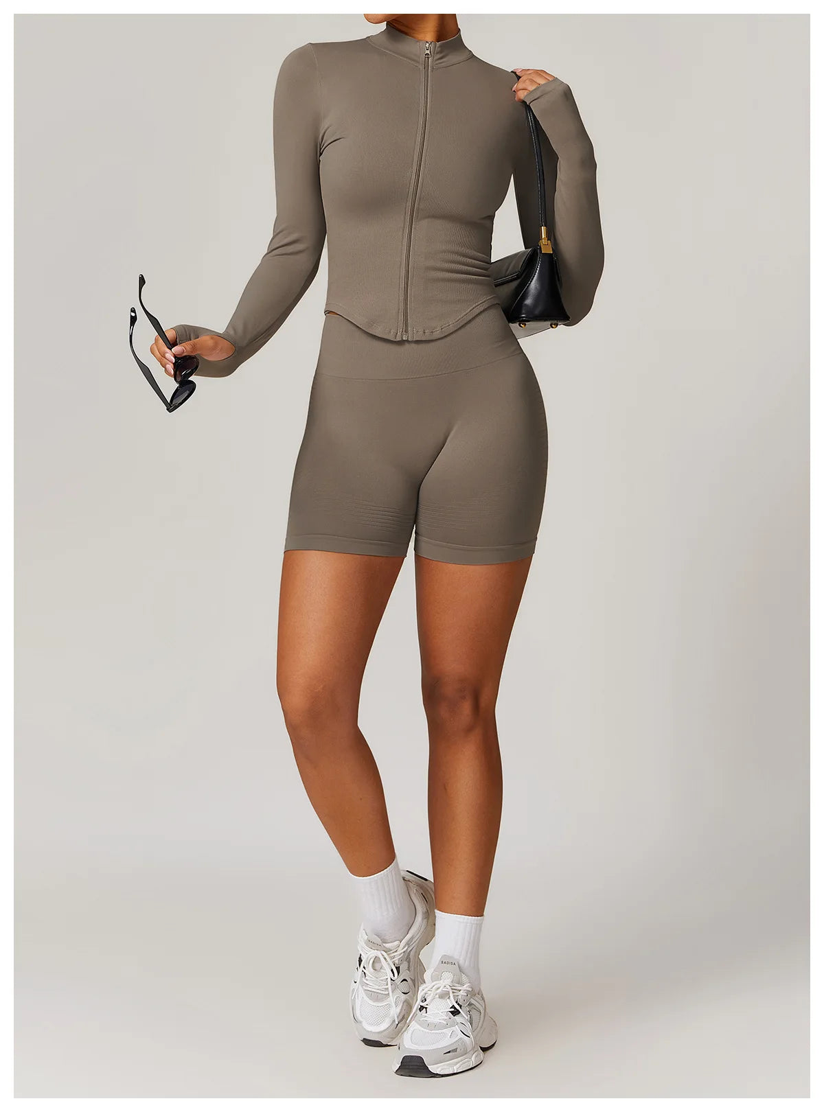 Ribbed Yoga Tops Women's Standing Collar Yoga Long Sleeved Sports Jacket Running Training Fitness Top Gym Workout Running Shirt