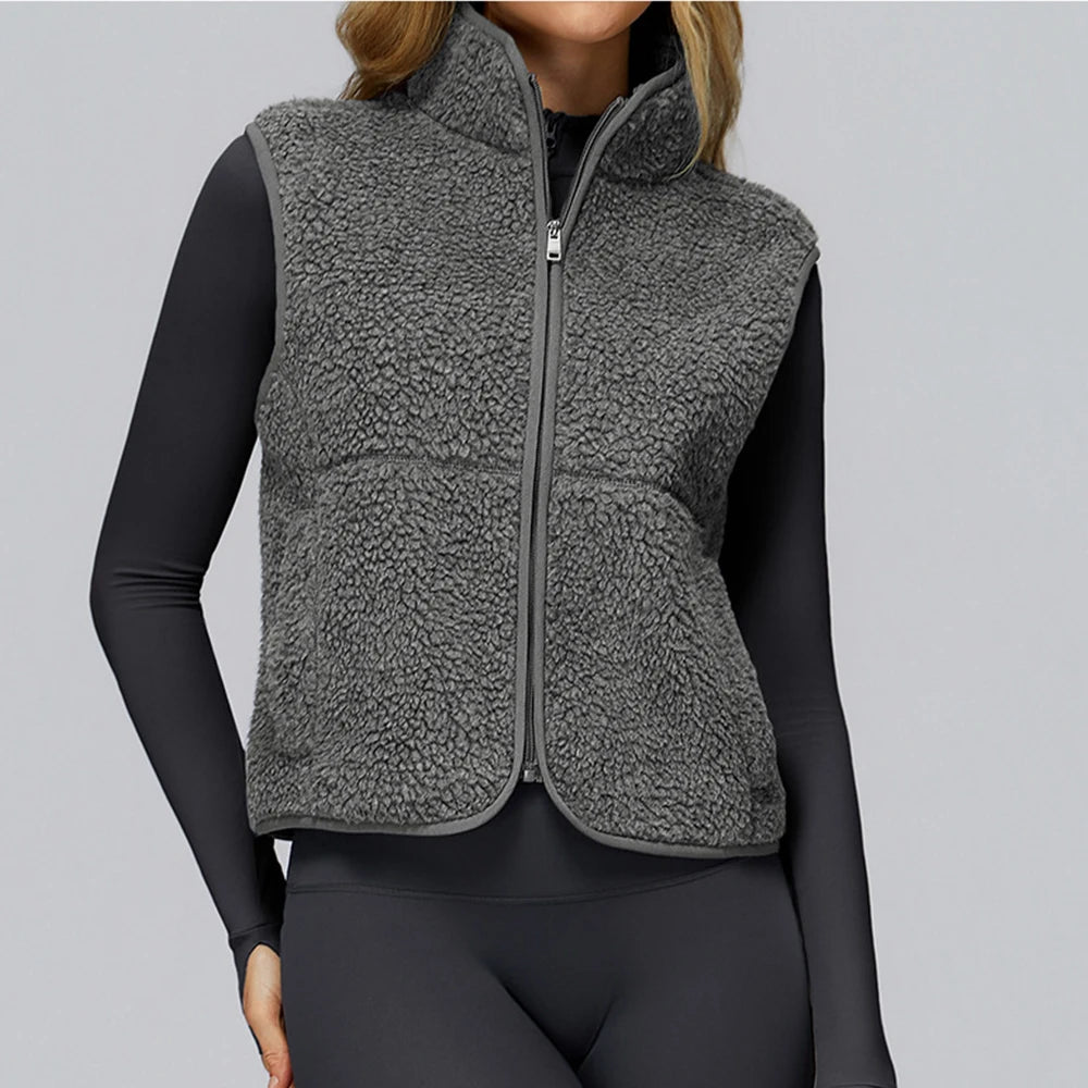 Winter Women's Standing Collar and Velvet Sports Vest Sleeveless Zipper Outerwear Vest Outdoor Running and Fitness Top