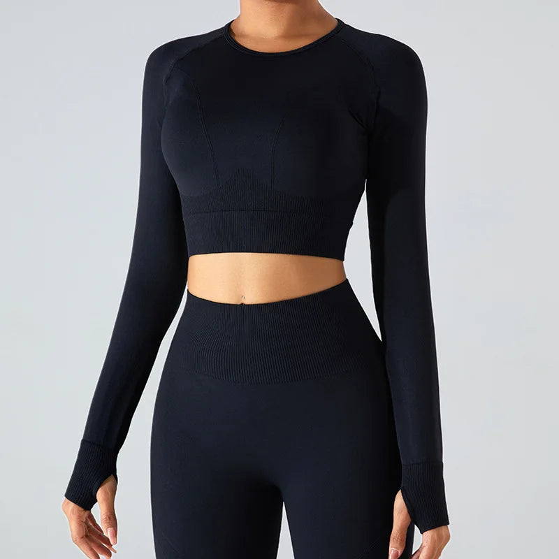 Women's Seamless Long Sleeve Top Yoga Shirts Running T-Shirt Workout Running Fitness Gym Sports Top Training Crop Top Solidcolor