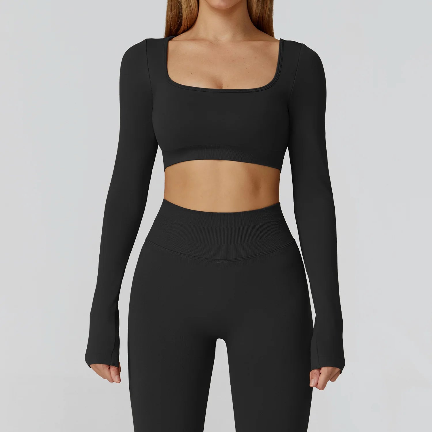 Seamless Casual Quick Dry Sportswear Women Square Neck Gym Top Women Fitness Sports Crop Top Female Long Sleeve Yoga Clothing